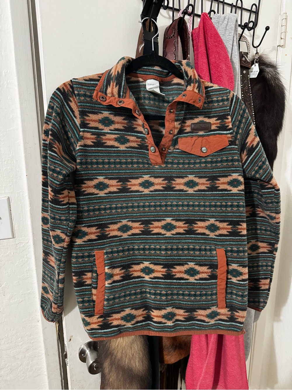 Cinch Teal and Rust Striped Fleece Jacket